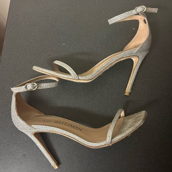 Stuart Weitzman Nudistcurve Glitter Ankle Strap Sandals Silver Crystal Size 8.5 - Picture 4 of 13